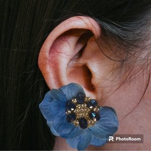 Navy blue lime green crystal flower statement beaded earrings Anthropologie OOAK